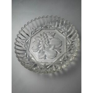 Vintage Clear Pressed Glass Fruit Bowl Frosted Intaglio Grapes Pear 5.5 Inch